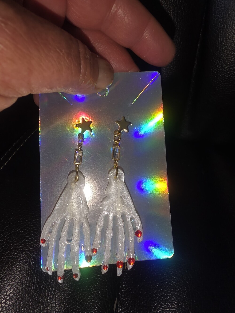 Skeleton Hand Earrings With Glow In The Dark Features On Stud Fixtures Red Nails